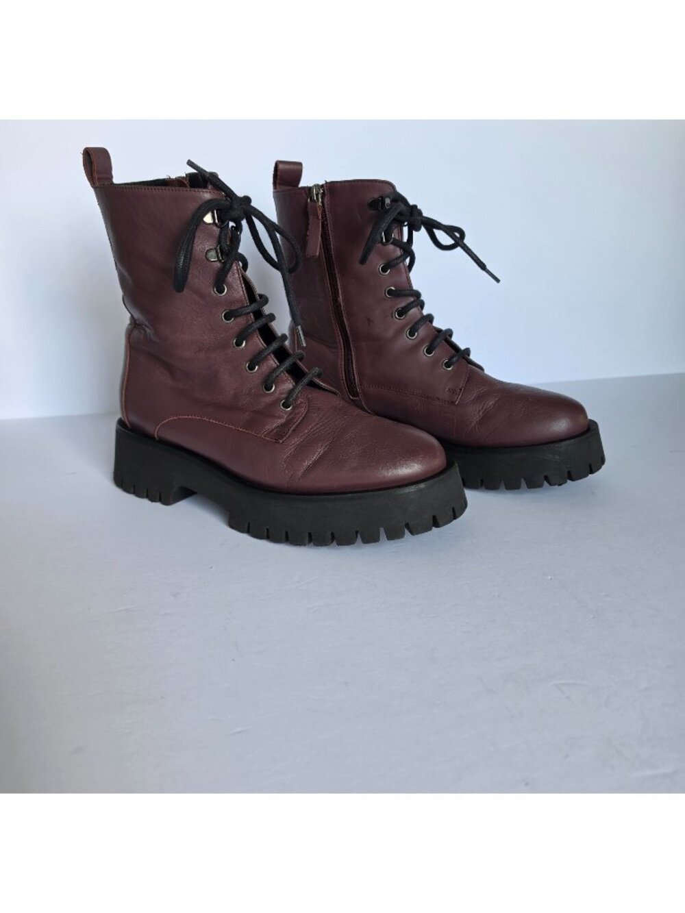 M.Gemi Leather Chunky Moto Combat Boots Burgundy Lace Up Lug Sole Made in Italy
